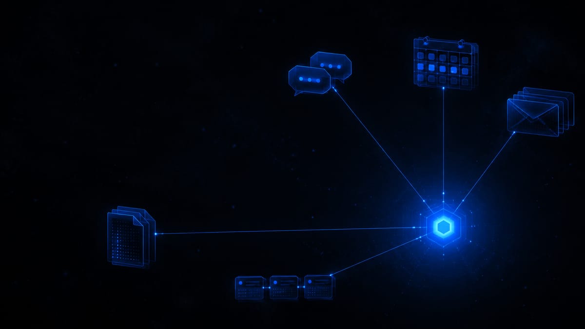 Hub-radial composite: glowing electric-blue core node linked by light traces to envelope, calendar, chat, document, and data-row icons.