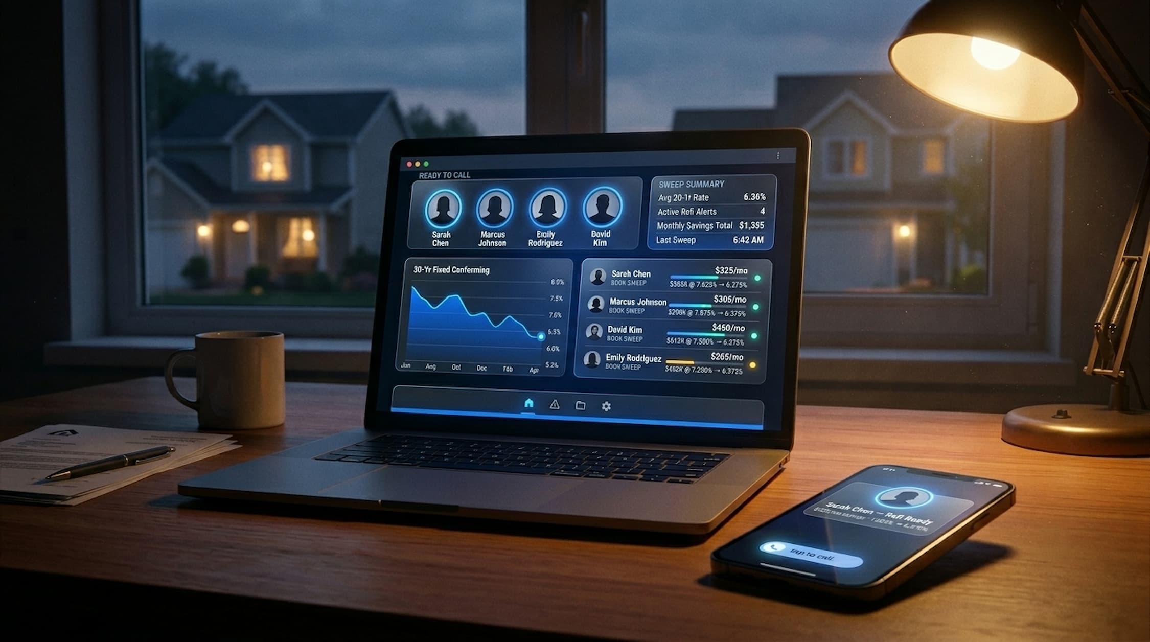 Independent mortgage broker's evening workspace: laptop displaying an AI-powered refi dashboard with ready-to-call borrower alerts, monthly savings totals, and current 30-year fixed rate sweep results; phone alongside showing an incoming broker alert about a refi-eligible client.